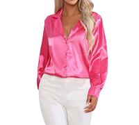 Satin Bluse Damen Glänzend Langarm: Bluse Damen Elegant Festlich Pink Hemdbluse Bügelfrei Longbluse Sommer Sommerbluse/Seidenbluse/Musselin Bluse/Mittelalter Bluse/Shirtbluse/Tunika Bluse