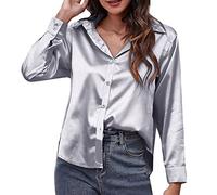 Satin Bluse Damen Glänzend Langarm - Tunika Damen Langarm Seide - Oberteile Sommer Damen Locker - Langarmshirt Knöpfe Hemd Sexy Jacke Elegant Damenblusen Seide Shirts Longbluse Seidenbluse