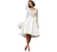 Satin Kurz Brautkleider mit Ärmeln Spitze Hochzeitskleider für Damen V-Ausschnitt A-Linie Standesamt Kleider F-Elfenbein,DE36