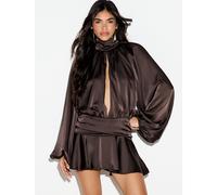Satin Mini-Kleid mit hohem Kragen, Fledermaus-Langärmeln, geraffter Taille und Schlüsselloch-Ausschnitt vorne, für Urlaub, Party und Abendgarderobe