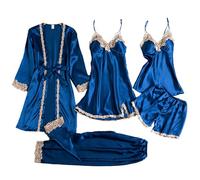 Satin Nachtwäsche Damen Sexy, Pyjama Damen Lang Baumwolle Hausanzug Elegant Grosse Grössen Nachthemd 5-Teiliges Nightwear Spitze Leichte Homewear Lässige Sleepshirt Sexy V Ausschnitt Bademantel