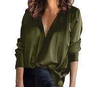 Satin-Oberteil Damen Elegant Langarm Satinblusen FüR Damen V-Ausschnitt Oberteile Business Hemden Tunika Bluse Mit KnöPfen Lose Langarmshirt Einfarbig Chiffonbluse-Seidenbluse Langarm Shirts