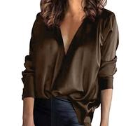 Satin-Oberteil Damen Elegant Langarm Satinblusen FüR Damen V-Ausschnitt Oberteile Business Hemden Tunika Bluse Mit KnöPfen Lose Langarmshirt Einfarbig Chiffonbluse-Seidenbluse Langarm Shirts
