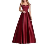 Satin Off Shoulder Kleider für Damen Langes Formales Party-Maxi-Kleid Elegantes Hochzeit Cocktail Prom Abendkleid (Color : Red, Size : 3XL)