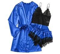 Satin Pyjama Damen 3-Teiliges Set - Satin Nachthemd Damen Set, Satin Schlafanzug Sets Pyjama Satin Shorts Spitze Nachtwäsche Schlafanzüge Für Damen Bademantel Hausanzug Ärmellos Dessous