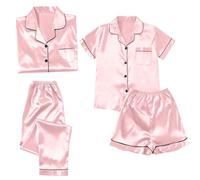 Satin Pyjama Damen 4 Teiliges Schlafanzug Set Silky Pjs, Nachtwäsche Damen Sexy Set Kurz Sommer: Seiden Nachtwäsche Kurz Und Lang Hausanzug Dünner Loungewear Leicht Loungewear Seidenschlafanzug