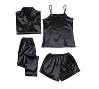 Satin Pyjama Damen 4-Teiliges Set - Schlafanzug Damen Satin Set Kurz Lang Hausanzug Mit Schrift Vorne Loungewear Trägershirt Schlafanzughose Kuschelig Pyjama Hose Leicht Nachthemd/Seidennachthemd