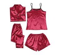 Satin Pyjama Damen 4-Teiliges Set - Schlafanzug Damen Satin Set Kurz Lang Hausanzug Mit Schrift Vorne Loungewear Trägershirt Schlafanzughose Kuschelig Pyjama Hose Leicht Nachthemd/Seidennachthemd