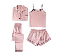 Satin Pyjama Damen 4-Teiliges Set - Schlafanzug Damen Satin Set Kurz Lang Hausanzug Mit Schrift Vorne Loungewear Trägershirt Schlafanzughose Kuschelig Pyjama Hose Leicht Nachthemd/Seidennachthemd