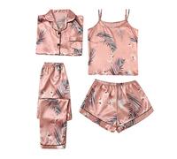 Satin Pyjama Damen 4-Teiliges Set - Schlafanzug Damen Satin Set Kurz Lang Hausanzug Mit Schrift Vorne Loungewear Trägershirt Schlafanzughose Kuschelig Pyjama Hose Leicht Nachthemd/Seidennachthemd