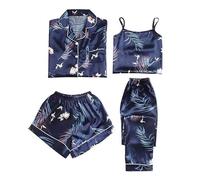 Satin Pyjama Damen 4-Teiliges Set - Schlafanzug Damen Satin Set Kurz Lang Hausanzug Mit Schrift Vorne Loungewear Trägershirt Schlafanzughose Kuschelig Pyjama Hose Leicht Nachthemd/Seidennachthemd