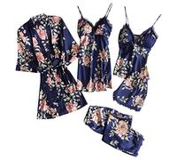 Satin Pyjama Damen 5-Teilige Schlafanzüge Nachthemd Satin Schlafanzug Morgenmantel Hose Kleid Cami Shorts Elegant Spitze Nachtwäsche Hausanzug Pjama Set Für Damen