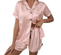 Satin Pyjama Damen Herzen Schlafanzug Mit Knopf Frauen Seide Sommer Nachtwäsche V-Ausschnitt Zweiteiliger Pjs Sets Hausanzug Mit Taschen Roségold M