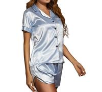 Satin Pyjama Damen Herzen Schlafanzug Mit Knopf Frauen Seide Sommer Nachtwäsche V-Ausschnitt Zweiteiliger Pjs Sets Hausanzug Mit Taschen Hellblau XL