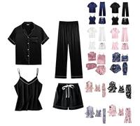 Satin Pyjama Damen Kurz 4 Teiliges Kurzarm Schlafanzug Nachtwäsche Cami Und Shorts Set Frauen Silk Pjs Sets Hemd Und Shorts Lange Hose Hausanzug Loungewear