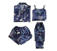 Satin Pyjama Damen Kurz 4 Teiliges Kurzarm Schlafanzug Nachtwäsche Cami Und Shorts Set Frauen Silk Pjs Sets Hemd Und Shorts Lange Hose Hausanzug Loungewear