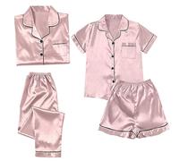 Satin Pyjama Damen Kurz 4-teiliges Schlafanzug Kurzarm Nachtwäsche and Shorts Set Frauen Sets Hausanzug Loungewear Satin Schlafanzug Damen Pyjama Set Spitze Kimono Morgenmantel Robe Sexy