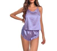Satin Pyjama Damen Kurz, Schlafanzug Sommer Damen Kurz Trägershirt Loungewear Neckholder Hausanzug Sexy V-Ausschnitt Schlafanzughose Dünn Kurz Pyjama Hose Kuschelig Seidennachthemd/Nachthemd