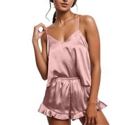 Satin Pyjama Damen Kurz Set Satin - Schlafanzug Damen Kurz Set Sexy 2-Teiler Seiden Shorts-Set V-Ausschnitt Nachtwäsche Mit Spaghettiträger Ärmellos Sleepwear Set Sommer Nachtwäsche Hausanzug