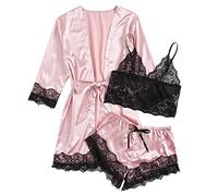 Satin Pyjama Damen Kurz Set Sexy: Loungewear Damen Set 3 Teilig Schlafanzug Spitze Hausanzug Trägershirt Schlafanzughose Kurz Pyjama Hose Satin Nachthemd V-Ausschnitt Seidennachthemd-Schlafkleid