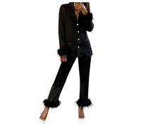 Satin Pyjama Damen Lang Set: Schlafanzug Damen 2 Teilig Lang Hausanzug Mit Federn Schlafanzughose Elegant Kleid Tiefer V-Ausschnitt Pyjama Hose Lang Seidennachthemd Leicht Nachthemd Schlafkleid