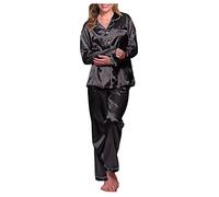 Satin Pyjama Damen Lang Set: Schlafanzug Satin Damen Lang Hausanzug Kuschelig Loungewear Leicht Schlafanzughose Lang Pyjama Hose V-Ausschnitt Seidennachthemd Dünn Nachthemd-Schlafkleid-Kleid