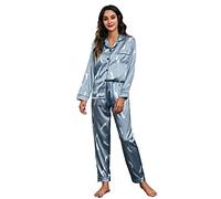 Satin Pyjama Damen Lang Set: Schlafanzug Set Familie Schlafanzughose Lang Hausanzug Kuschelig Loungewear Revers Pyjama Hose Leicht Nachthemd Elegant Seidennachthemd Chlafkleid Atmungsaktiv Kleid