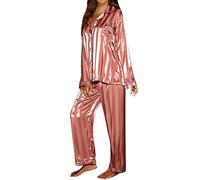 Satin Pyjama Damen Rosa Gestreift - Pyjama Damen Lang Mit Knöpfen Seide-Schlafanzug Mit Taschen Gummibund Weich Zweiteiliger Nachtwäsche V-Ausschnitt Pyjama Set Winter Pjs Sets Hausanzug Sleepwear