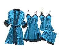 Satin Schlafanzug Damen 4 Stücke Set Satin Pyjama Damen Spitze Kimono Robe Pyjama Set Sexy Negligee und Shorts Nachthemd 4-teiliges Set