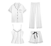 Satin Schlafanzug Damen 4-Teilig - Pyjama Seide Schlafanzüge Set Nachtwäsche Frauen Nachthemd Sommer Bademantel Negligee Hausanzug Mit Knöpfen Kurzarmshirt + Sexy Top + Baggy Hose + Kurz Short