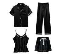 Satin Schlafanzug Damen 4-Teilig - Pyjama Seide Schlafanzüge Set Nachtwäsche Frauen Nachthemd Sommer Bademantel Negligee Hausanzug Mit Knöpfen Kurzarmshirt + Sexy Top + Baggy Hose + Kurz Short