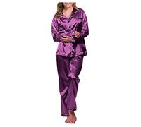 Satin Schlafanzug Damen Große Größen - Nachtwäsche Set Seide Pyjama Hausanzug Lang Freizeitanzug Mädchen Nachthemd Frühling Sommer Bademantel Langarm Lounge Mit Knöpfen Top Baggy Hose Schwarz