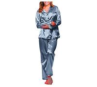 Satin Schlafanzug Damen Große Größen - Nachtwäsche Set Seide Pyjama Hausanzug Lang Freizeitanzug Mädchen Nachthemd Frühling Sommer Bademantel Langarm Lounge Mit Knöpfen Top Baggy Hose Schwarz