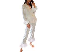 Satin Schlafanzug Damen Lang - Nachtwäsche Mit Federn Pyjama Set 2 Teiler Hausanzug Langarm Knopfleiste Lounge Baggy Freizeitanzug Seide Weich Schlafanzüge Frühling Sommer Schlafshirt Leicht Top