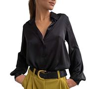 Satin Top Damen Hemd - Langarm Bluse Damen Elegant, Langarmshirt Seidenweich Hemdbluse Shirt Revers Blusenshirt Locker Lässig Longbluse Longshirt Freizeithemd Blusen & Tuniken für Damen