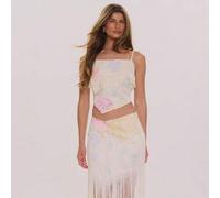 Satin-Top mit Blume Muster und Fransen, elegant für Hochzeitsgäste, Urlaub, Feiern, Flitterwochen, Café