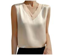 Satin-Weste, Top, Damen, Weste, V-Ausschnitt, Tank-Tops, elegantes Tank-Top, Camisole Sommer, ärmellos, einfarbig, Tunika, Top, Stretch, bequem, Urlaub, A01-Beige, L