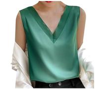 Satin-Weste, Top, Damen, Weste, V-Ausschnitt, Tank-Tops, elegantes Tank-Top, Camisole Sommer, ärmellos, einfarbig, Tunika, Top, Stretch, bequem, Urlaub, A01-army Green, S