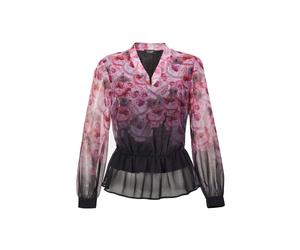 Satinbluse GOLDNER "Florale Printbluse mit V-Ausschnitt", Damen, Gr. 52, schwarz (schwarz, altrosé, gemustert), Obermaterial: 100% Polyester PES., figurumspielend, Manschette, Blusen, Manschetten (306