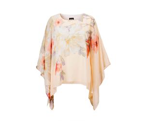 Satinbluse GOLDNER "Kurzgröße Chiffonbluse mit floralem Design", Damen, Gr. 21, orange (pfirsich, gemustert), Obermaterial: 96% Polyester PES. 4% Elasthan EL., Modisch, normal, Asymmetrisch, Blusen, Ü