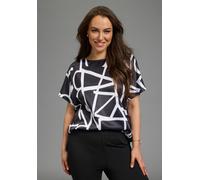 Satinbluse LAURA SCOTT CURVE "Große Größen", Damen, Gr. 52/54, schwarz, weiß, Web, Obermaterial: 100% Polyester. Rückenteil: 95% Viskose, 5% Elasthan, gemustert, figurumspielend hüftbedeckend, Rundhal
