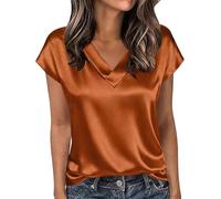 Satinblusen für Damen Satinpullover Kurzärmelige Sommertops Elegante Seidenröcke Lässige Büro Tops für Damen Tuniken mit V Ausschnitt Business Henley Shirts 21 Farben Größen S-5Xl Orange (3XL)