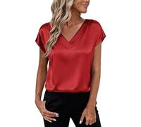 Satinblusen für Damen Satinpullover Kurzarm Sommertop Elegante Seidenröcke Lässige Büro Tops für Damen Tuniken mit V Ausschnitt Business Henley Shirts 21 Farben S-5Xl Rot XXL