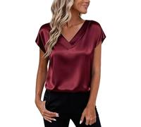 Satinblusen für Damen Satinpullover Kurzarm Sommertop Elegante Seidenröcke Lässige Büro Tops für Damen Tuniken mit V Ausschnitt Business Henley Shirts 21 Farben S-5Xl Burgunderrot M