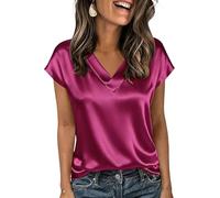 Satinblusen für Damen Satinpullover Kurzarm Sommertop Elegante Seidenröcke Lässige Büro Tops für Damen Tuniken mit V Ausschnitt Business Henley Shirts 21 Farben S-5Xl Magenta XXL