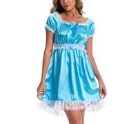 Satini Dessous Satin Sissy Babydoll-Stil Rüschen Rüschen Spitze Unterkleid Nachtwäsche Kleid (Türkis, L)