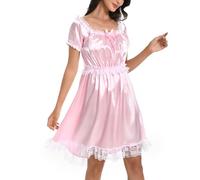 Satini Dessous Satin Sissy Babydoll-Stil Rüschen Rüschen Spitze Unterkleid Nachtwäsche Kleid (Zartrosa, S)