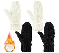 SATINIOR 2 Paar Damen Fäustlinge Dicke Warme Winter Vollfinger Strickhandschuhe Flauschige Fausthandschuhe (Weiß, Schwarz, Einfach)