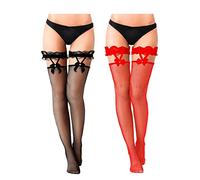 SATINIOR 2 Paar Netzstrümpfe mit Spitze Schleife Damen Oberschenkelhohe Strapsstrümpfe Halterlose Strümpfe (Schwarz, Rot, M)