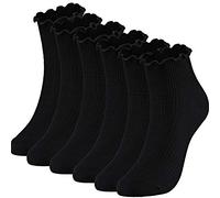 SATINIOR Frauen Söckchen Stricken Baumwoll Spitze Rüsche Socken Normallack-Beiläufige Socken, 6 Paare (Schwarz)
